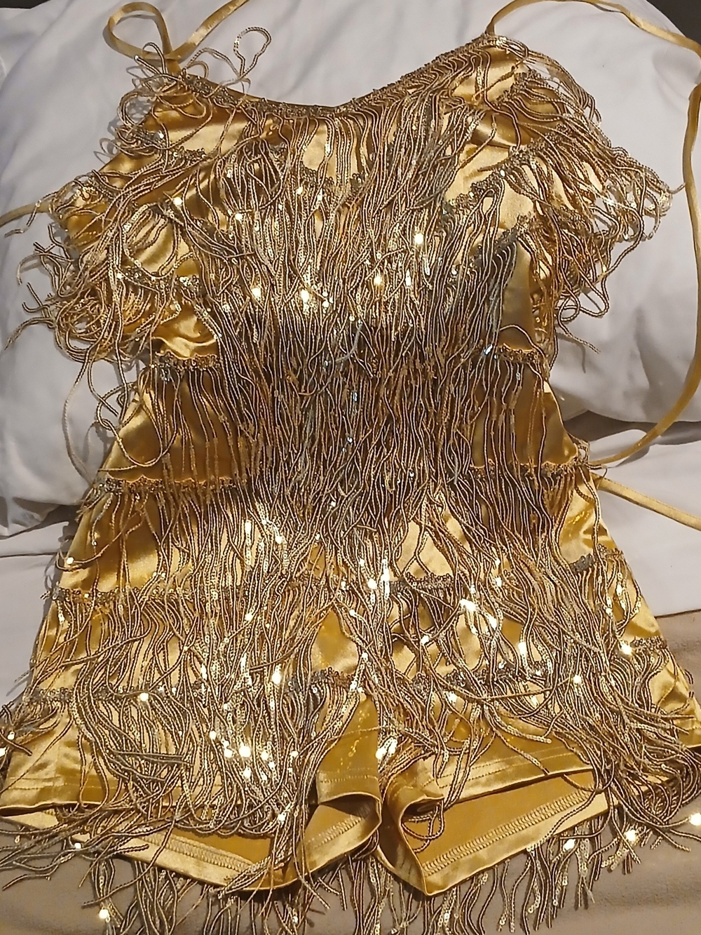 Gold Fringe Mini Dress - Shimmer Satin Party Dress
